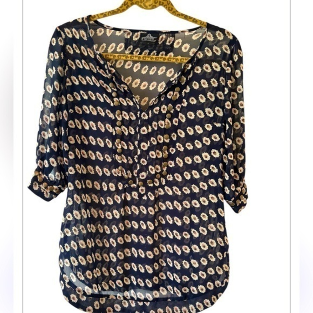 Angie Navy Blue Daisy Boho Bronze Grommet Sheer Tunic Top Size Large